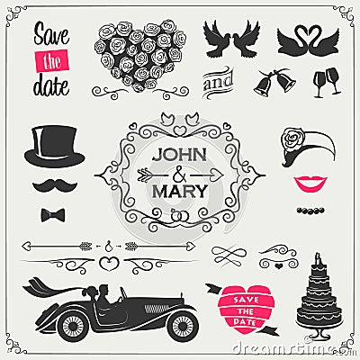 Vector set of wedding icons and elements for the invitations, banners and signs :arrows, hearts, wreaths, ribbons, labels Vector Illustration