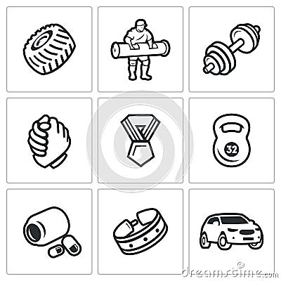 Vector Set of Weightlifting Show Icons. Wheel, Athlete, Barbell, Arm wrestling, Award, Kettlebell, Protein, Belt, Car. Vector Illustration