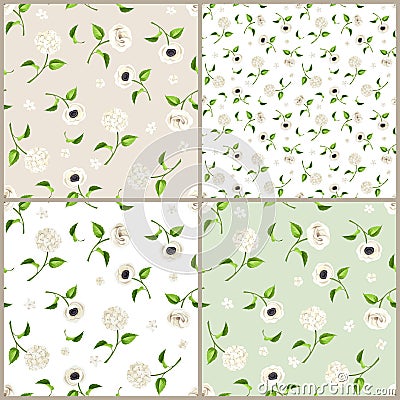 Set of white, beige and green seamless floral patterns. Vector illustration. Vector Illustration