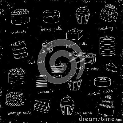 Vector set of white cakes on black shabby background with texture Vector Illustration