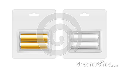 Vector Set of White Golden Yellow Silver Alkaline AA Batteries in Transparent Blister Isolated on White background Vector Illustration