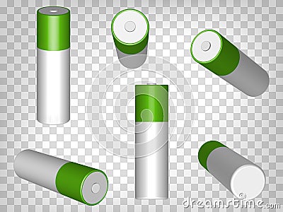 Vector Set of White with green Glossy Alkaline Batteries Of size AA, for branding Close up Isolated on transparent background. Vector Illustration