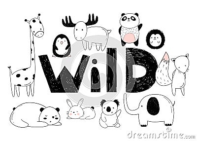 Vector set of wild animals. Drawings by hand. Cartoon zoo. 10 objects, inscription. Vector Illustration