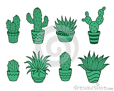 Vector set of wild cacti in pots. Cute dessert plants. Haworthia, Carnegiea, Sanseviearia, Rebutia, Opuntia Vector Illustration