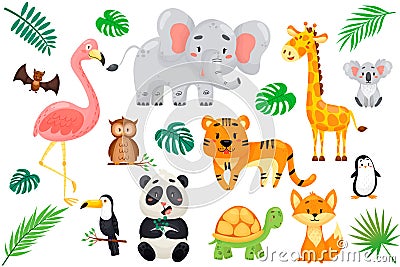 vector set of wild exotic animals in cartoon style. Vector Illustration