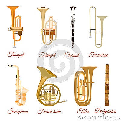 Vector set of wind musical instruments isolated on white background Vector Illustration