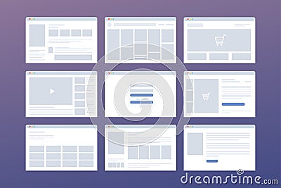 Vector set of windows with website page template. Concept of social media: online store, login, video hosting. Vector Illustration