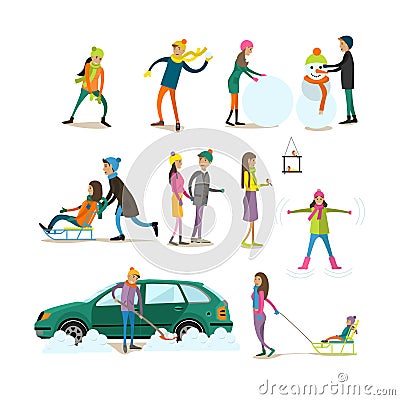 Vector set of winter activities concept design elements, flat style Vector Illustration