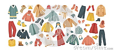 The vector set of winter clothes. Coats, hats, gloves, shoes and socks Vector Illustration