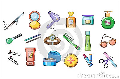 Vector set of women accessories, skincare and hygiene products with colorful fill and black outline. Bathroom cosmetics Vector Illustration