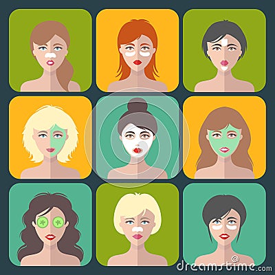 Vector set of women icons with different cosmetic treatment facial masks in flat style.Female faces or heads collection. Vector Illustration