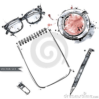 Vector set of working tools: notebook, pen, glasses, cup of coffee. Vector Illustration