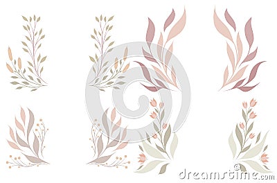 Vector set of wreaths of delicate twigs and stems with foliages. Collection of natural frames in pastel colors Vector Illustration