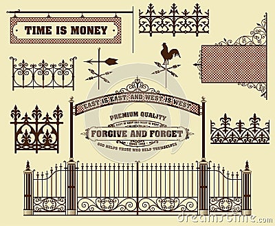 Vector set: wrought iron wicket, fence and gates Vector Illustration