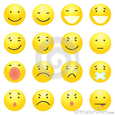 Vector Set of 16 Yellow Emoticons Vector Illustration