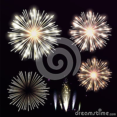 Vector Set yellow firework on black background. Night sky with s Vector Illustration