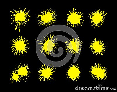 Vector set of yellow paint splatters isolated on black background, contrast design elements collection, splashes. Vector Illustration