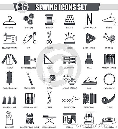 Vector Sewing black icon set. Dark grey classic icon design for web. Vector Illustration