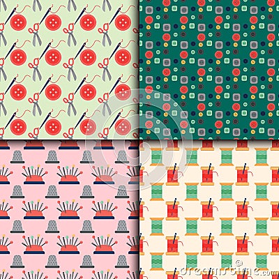 Vector sewing buttons seamless pattern with threads round clothing dressmaking tool illustration Vector Illustration