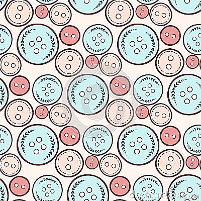 Vector sewing buttons seamless pattern with threads round clothing dressmaking tool illustration Vector Illustration
