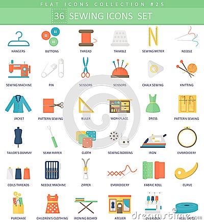 Vector Sewing color flat icon set. Elegant style design. Vector Illustration