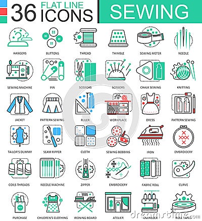 Vector Sewing flat line outline icons for apps and web design. Sewing icon. Vector Illustration