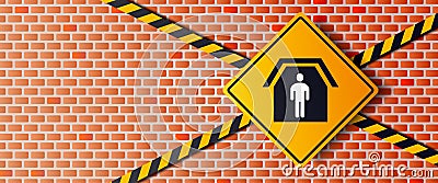 Vector of Shelter in Place or Stay at Home or Self Quarantine Yellow Diamond Shape Sign with Caution Tape. To Stop Coronavirus or Vector Illustration