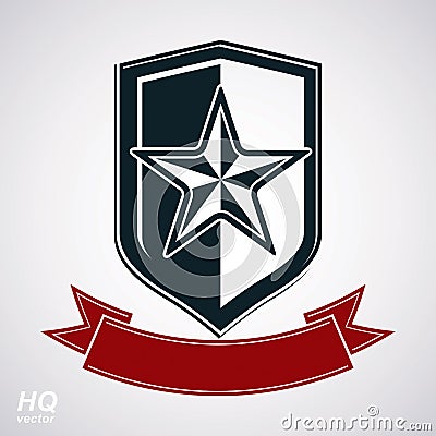 Vector shield with pentagonal Soviet star and decorative curvy r Vector Illustration