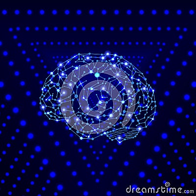 Vector Shining Human Brain on the Bright Blue Background, Wireframe Conected Dots, Colorful Illustrtaion Template. Vector Illustration