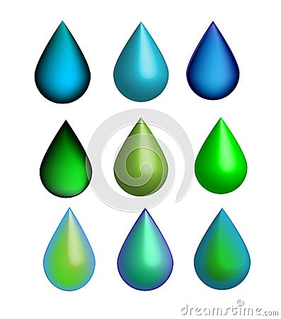Vector 6 shiny drops 3D set, green and blue icons, water, ecology, nature Vector Illustration