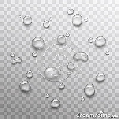 Vector shiny realistic transparent water drops collection on checkered background Vector Illustration