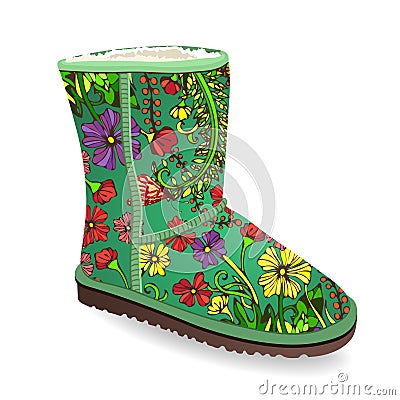 Vector shoes, green winter boots with fur from floral print, isolated Vector Illustration