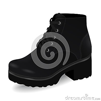 Vector shoes, women`s black high boots on low-heeled with shoelaces, isolated Vector Illustration