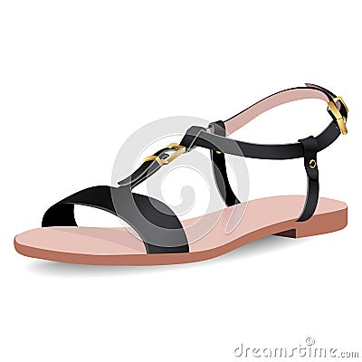 Vector shoes, women`s black sandals on flat-bottomed with straps, isolated Vector Illustration