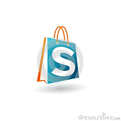 Vector shopping bag logo icon, blue bag with letter s Vector Illustration