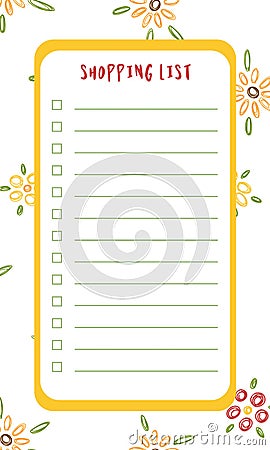 Vector shopping list template with floral background. Memo pages, to do, daily planner Vector Illustration