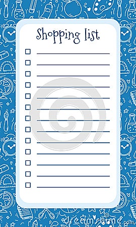 Vector shopping list template with school items background in doodle style. Memo, to do, grocery, daily planner page Stock Photo