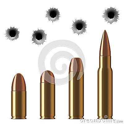 Vector shot gun bullets and bullet holes isolated on white Vector Illustration