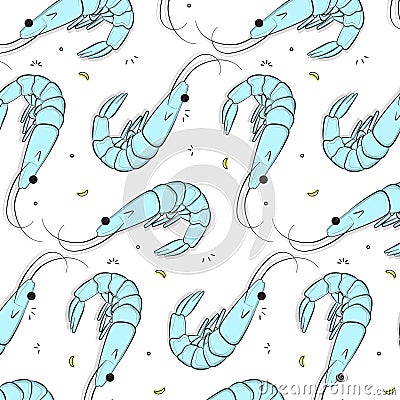 Vector shrimp pattern. Fresh tiger prawn lunch texture. Restaurant delicious food textile print. Ocean healthy food diet Vector Illustration