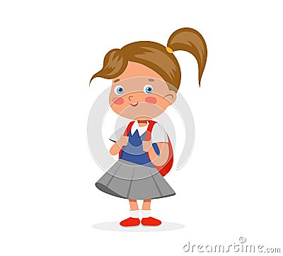 Vector shy cheerful school girl with packpack Vector Illustration