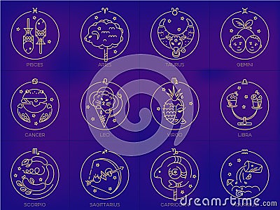 Vector signs of the zodiac in circles of golden color on a blue background, logo, tattoo or illustration. Astrological forecast Vector Illustration