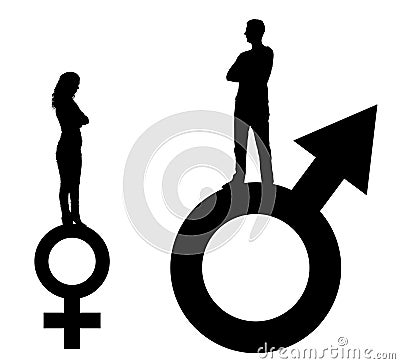 Vector silhouette of a big man and a small woman standing on gender symbols Stock Photo