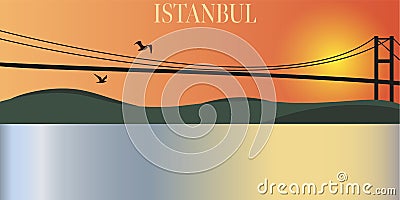 Vector silhouette of Bosphorus Strait scape against sunset sky Vector Illustration