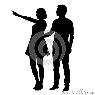 Vector silhouette of boy and girl standing together and pointing Vector Illustration