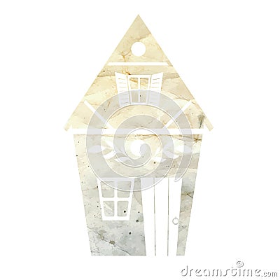 Vector silhouette of a country house with old crumpled paper background. Downtown architecture. Watercolor cottage. Outline Vector Illustration