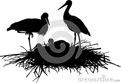 Vector silhouette family of storks in the nest Vector Illustration