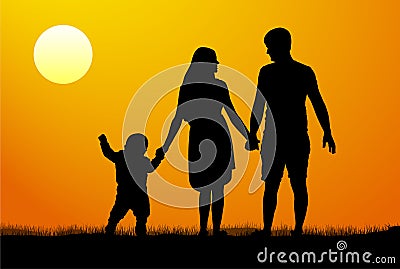 Vector silhouette of a family at sunset. Man woman child at dawn Vector Illustration