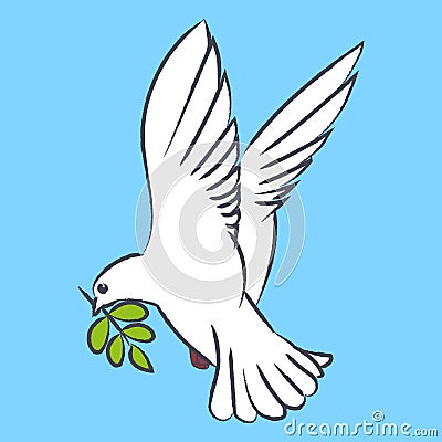 Vector silhouette of a flying dove with olive branch on a blue background Vector Illustration