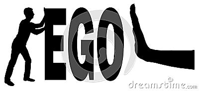 Vector silhouette Gesture of the hand stop and silhouette of the man pushing the word ego Stock Photo