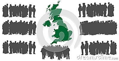 Vector silhouette of a group of refugees, migration crisis in Europe. Great Britany refugees. Stock Photo